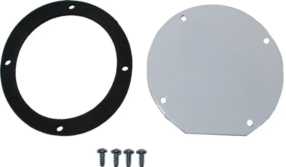 Set mit zwei Verschlussdeckeln und Schrauben für ein Gehäuse, hergestellt von Wolf. Ein Deckel ist rund und aus Metall, der andere ist aus schwarzem Material.
